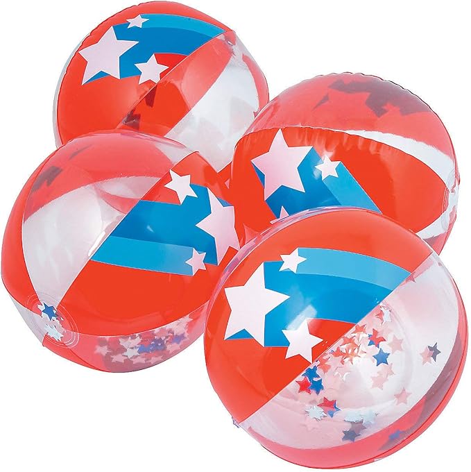 Fun Express Patriotic Confetti Beach Balls Bulk 12 Pack - Red White Blue Inflatable Pool Toys for 4th of July Party Decorations | Large 11 Inch Beach Ball Set for Kids Swimming Pool Party Favors