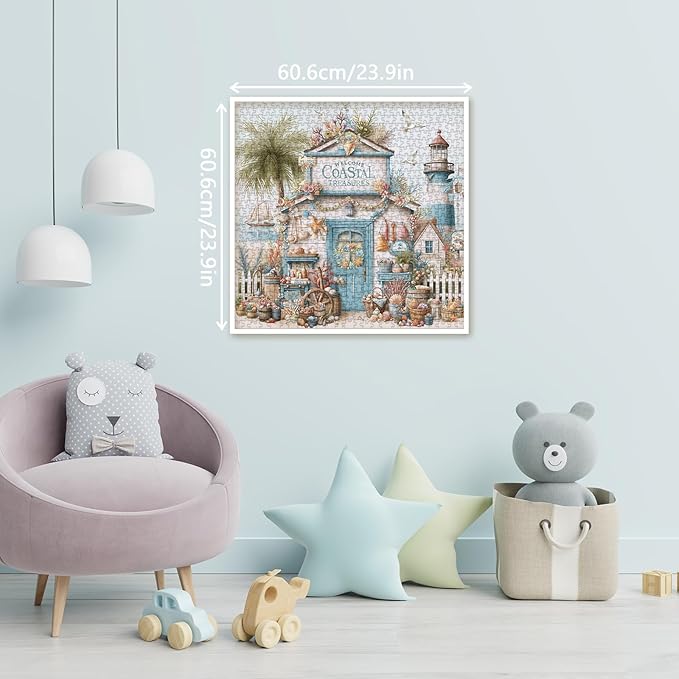Beach Cottage Scene for Adults 1000 Piece, Ocean Seaside Cabin Jigsaw Puzzle, Lighthouse Seashell Collection Puzzle