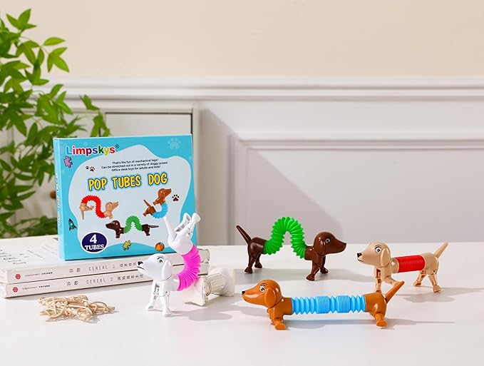 Dog pop Tubes fidgets, Easter Egg Stuffers, Sensory Toys for Kids 5-7, fidgets for Toddler, Easter Basket , Easter Egg fillers,（4 Pack Dog）