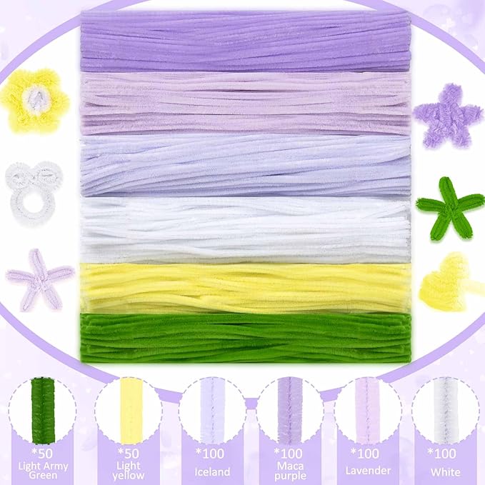 Peryiter 500 Pieces Pipe Cleaners Chenille Stems for Flowers Craft Supplies Bulk Fluffy Fuzzy Sticks for DIY Art Projects Creative Gift Wrapping Party Decorations(Light Purple Flower,12 Inch)