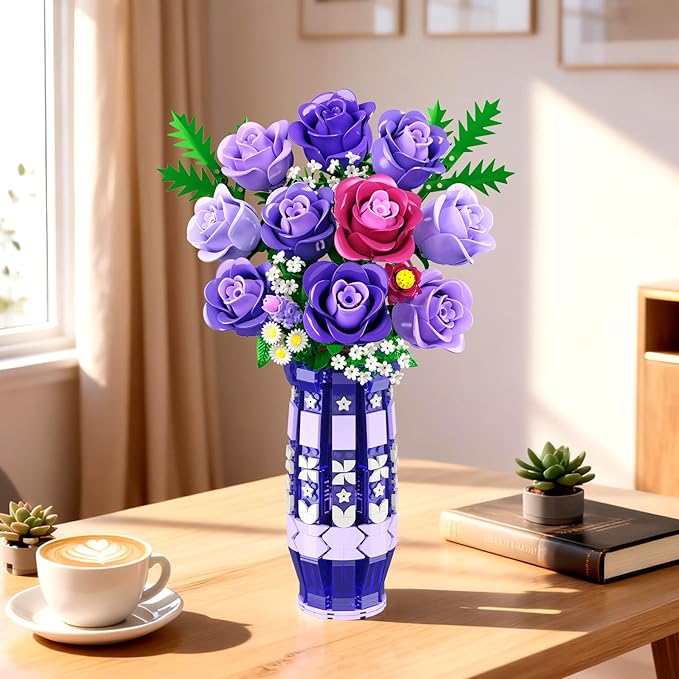 Purple Roses Flowers Building Set with Vase & LED Light, 17 Mini Flowers Bouquet Building Blocks Toy for Adults, Artificial Flowers for Home Office Decor & Display, Gifts for Women & Men