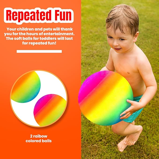 New Bounce Playground Balls for Kids - Set of 2 Rainbow Colored Rubber Bouncing Kick Balls Plus Pump - Regulation Size for Dodgeball and More - Durable, Inflatable 8.5" Game Ball