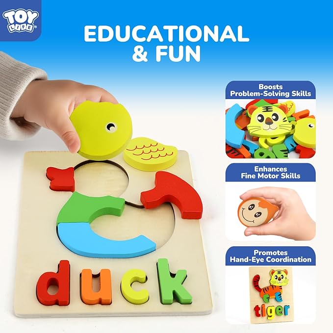TOY Life Toddler Puzzles Ages 2-4, 6 Animals with Spelling Wooden Puzzles for Toddlers 3-5, Montessori Toys Gifts for 1 2 3 Years Old Boys Girls, Birthday Gifts Educational Learning Toys for Kids