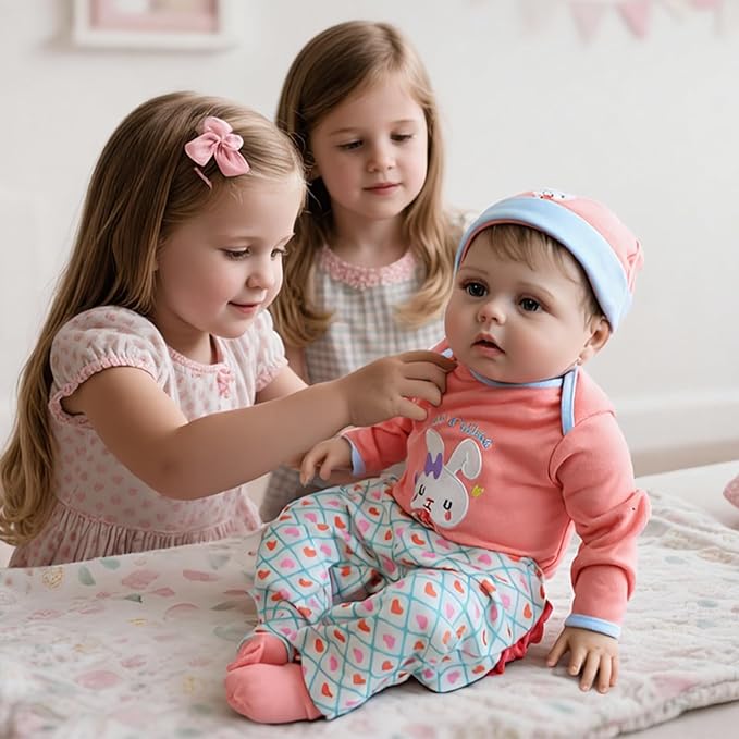 SCOM Reborn Baby Doll Clothes - 20 & 22 & 24 Inch 4 Pcs Doll Outfit Pink, Realistic Baby Bunny Clothing Set, Newborn Dolls Girl Onesies Gift