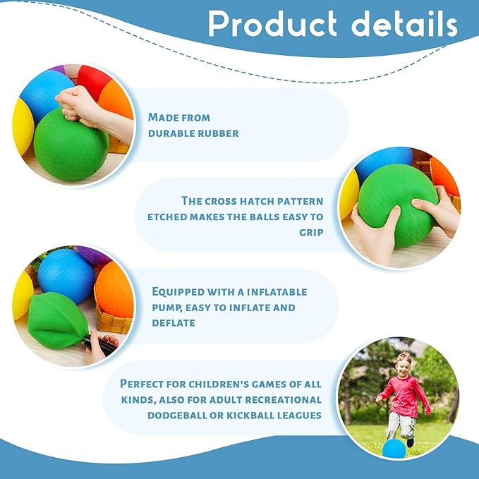 Amor Present 6PCS Playground Ball, 7 Inch Inflatable Kickballs with Pump, Rainbow Rubber Dodgeball for Kids Beach Toy Sports Games Indoor Outdoor Pool Party