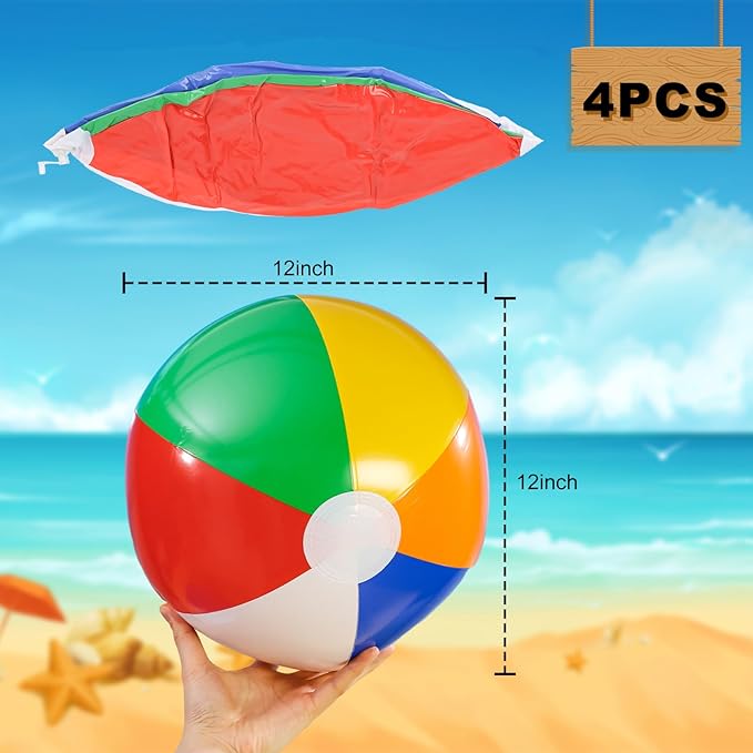 3 otters 4Pack 16Inch Beach Balls, Inflatabl Rainbow Swimming Pool Toys for Summer Water Games, Beach Party Favors