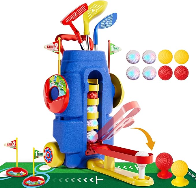 Kids Golf Clubs Set, Toddler Golf Toys With 8 Balls 3 Golf Clubs 1 Cornhole Board Putting Mat, Indoor Outdoor Sports Game, Upgraded Golf Cart And Shoulder Strap, Mini Golf Kit Gift For Boys Girls 3+
