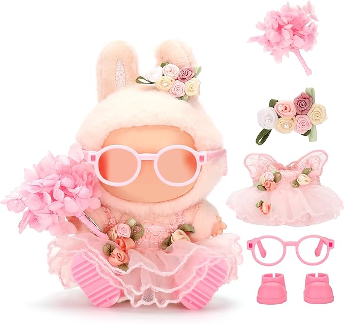 Doll Clothes for Labubu 17cm Have a Seat & Exciting Macaron & Big into Energy Series Dolls, Adorable Chic Dress Set for 17cm Dolls Accessories (Pink Flower Skirt + Hairband)