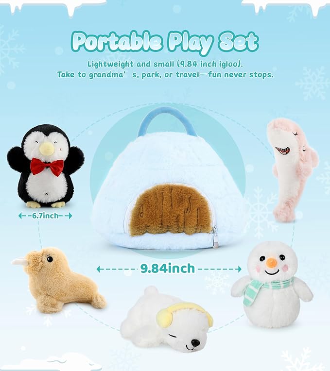 Tezituor 6 Pcs Ocean Sea Plush House with 5 Stuffed Animal Set,Sea Lions, Penguins, Sharks, Polar Bears, Snowmen Plush Toys, Soft Arctic Lgloo Plushie Gifts for Kids Christmas Valentines Birthday