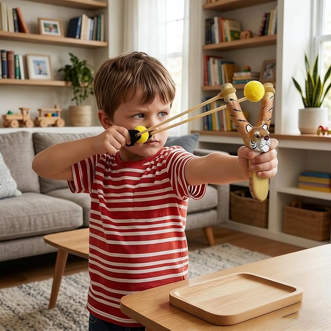 LINJAY Wooden Slingshot for Kids with Tiger Design, Colorful Pom - Poms & Ammo Balls