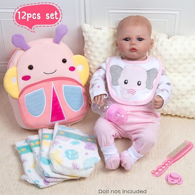 Reborn Baby Doll Clothes for 18-20 Inch Reborn Doll Clothes Accessories Pink Elephant Babydoll Butterfly Diaper Bag Girl 12 Pcs