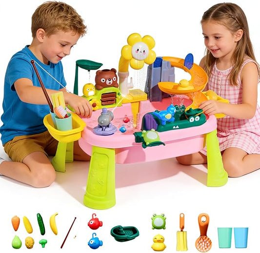 Upgraded Toddler Sand Water Table Toy with Electric Water Pump, Kids Sand Water with Faucet/Play Food Accessories/Fishing Toy, Kitchen Play Sink Toys for Girl Boy Age 3+ (Pink)
