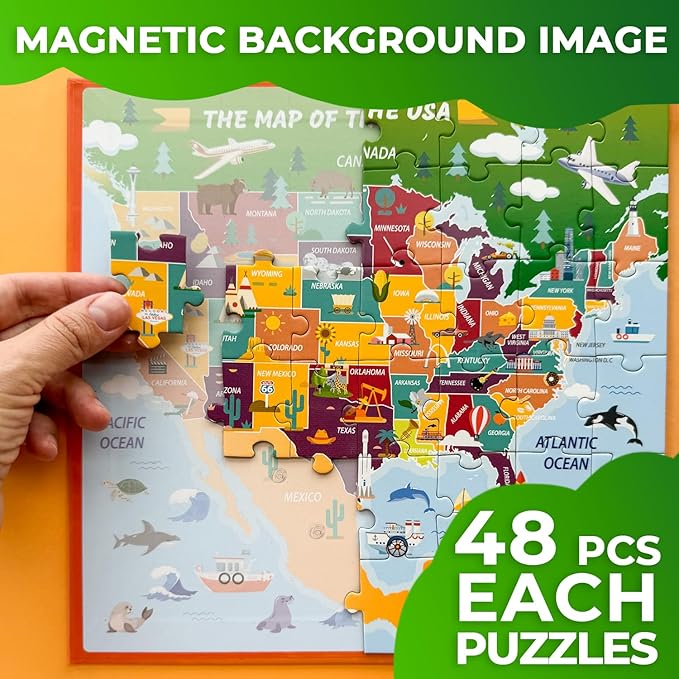 QUOKKA Magnetic Puzzles for Toddlers 3-5 – 2x48 Pieces Travel Games – USA & World Map Learning Magnetic Puzzles for Kids Ages 4-8 – Educational United States Puzzle Gift Toy for Boys and Girls