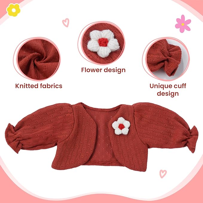 BABESIDE 4 Pcs Reborn Baby Doll Clothes Dress Set for 17-22 Inch Baby Dolls, Floral Dress with Wine Red Cardigan, Bow Headband and Socks, for Realistic and Reborn Babys Doll Clothes and Accessories
