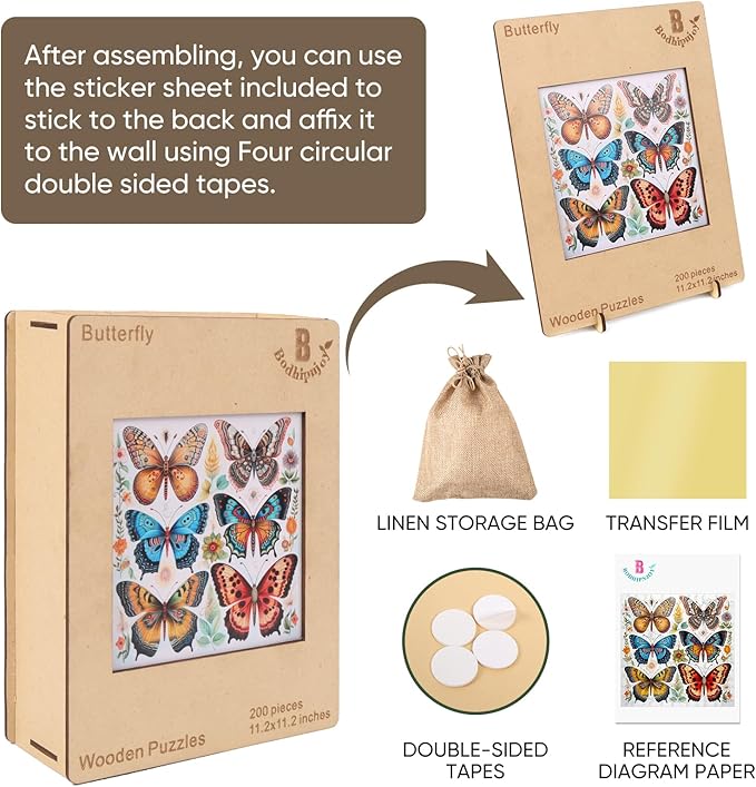 Bodhipnjoy Butterfly Puzzles for Adults, Spring Flower Butterfly Puzzles 5MM, 200Piece Unique Shaped Jigsaw Puzzles, Creative Gift Family Games 11.2 x 11.2 in