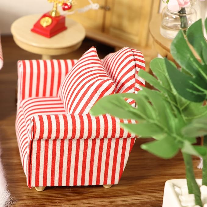 Dollhouse Couch with Pillow 1 12 Scale Miniature Sofa Arm Chair Living Room Furniture Wooden Fabric Frame Single Reading Chair Artificial House Room Scene Decoration (Stripe)
