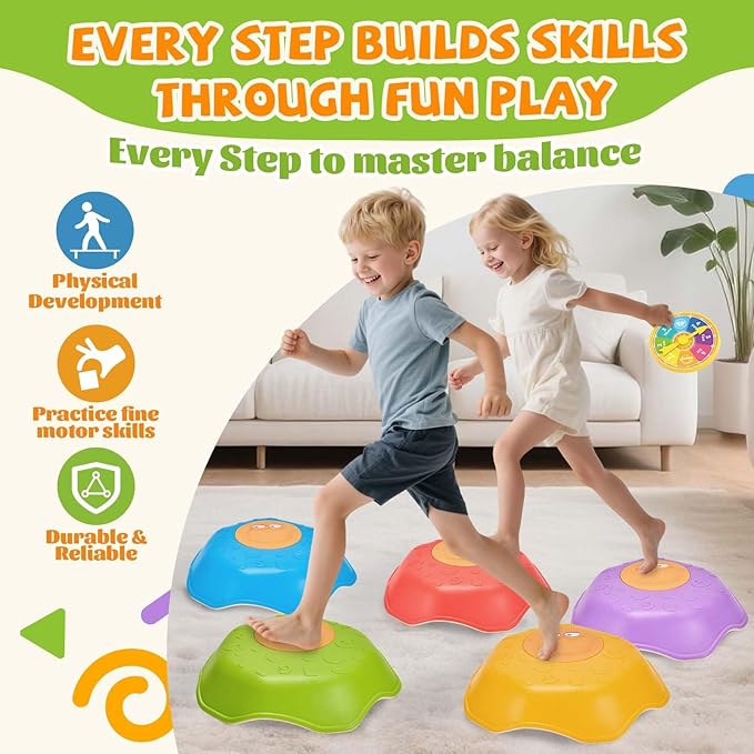 Stepping Stones for Kids - Anti-Slip Toddler Balance Stones with Squeaky Sound - 5pc Crab Sensory Toys for Indoor & Outdoor Play - Montessori Gross Motor Skills Obstacle Course for Boys Girls Toddlers