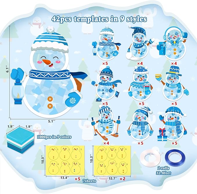 Renbuzhu 42PCS Winter Crafts Bulk: Snowman Paper Suncatchers DIY Kit for Christmas Holiday Activities Decorations, Window Stained Glass Effect Art Ornaments
