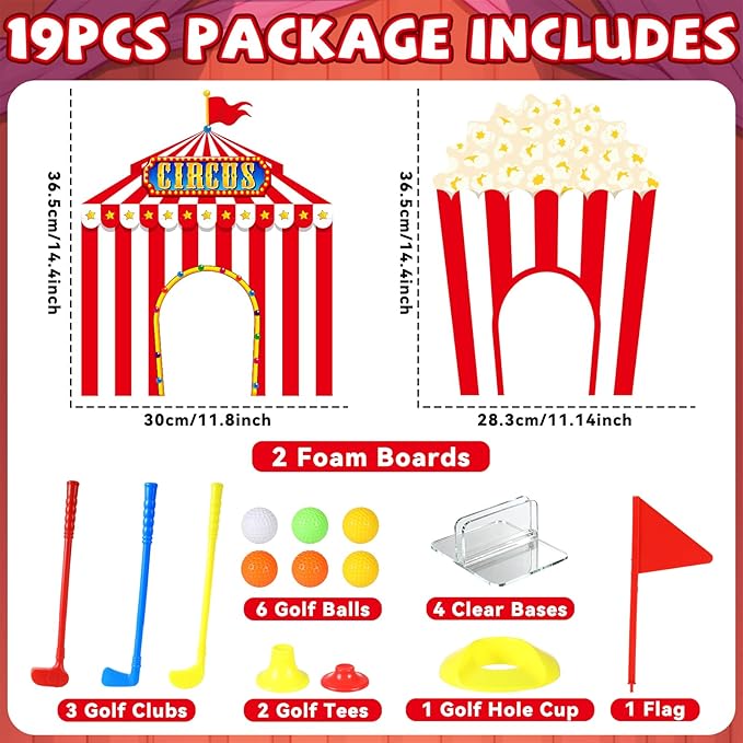 19 PCS Carnival Party Mini Golf Game Set Circus Tent Popcorn Game Set Include Clubs Balls Carnival Themed Obstacles for Groups Circus Birthday Golf Gaming Indoor Family Party Decoration