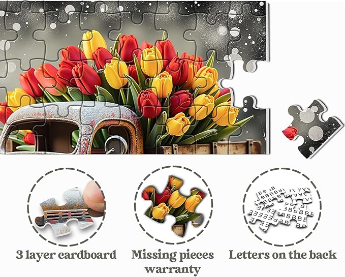 Vintage Truck Puzzles for Adults 1000 Pieces, Tulip Flower Farm Jigsaw Puzzles, Retro Spring Floral Art Puzzle