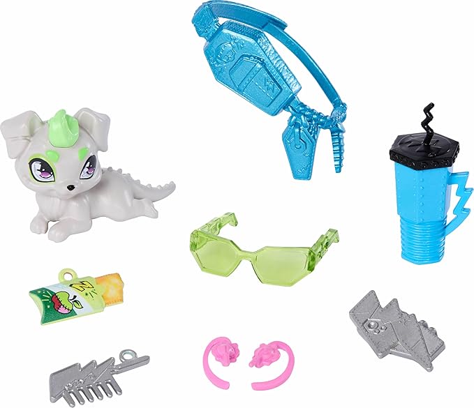Monster High Doll, Frankie Stein in Cropped Sweater and Black Pleather Skirt with Pet Dog Watzie and 7 Accessories Like Earphones, Belt Bag and Snacks