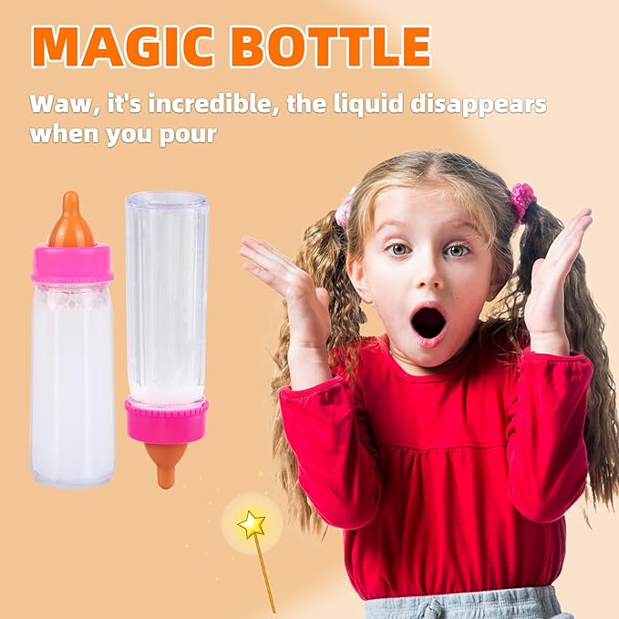 CARANOVO Baby Doll Accessories Set – 7 Pcs Feeding and Caring Set with Magic Disappearing Bottles, Pacifier, Diapers and Bibs Doll Pretend Play Gift for Kids