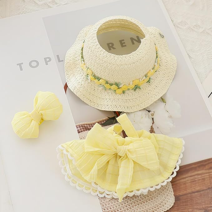 Clothes for Lu bubu 17cm Dolls Accessories (No Doll), Kawaii Hat Skirt Outfit Set 3 Pieces for 17cm Dolls Suit, Stylish Flower Doll Hat Clothing Set Replacement Yellow