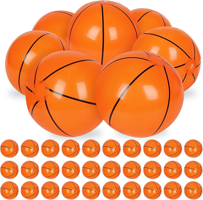 30 Pieces Basketball Beach Balls, 8 Inch Inflatable PVC Blow Up Beach Ball Bulk for Sports Themed Summer Beach Pool Game Water Sand Basketballs March Madness Decorations Birthday Party Favors