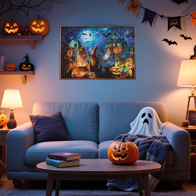 Rocorose Halloween Jigsaw Puzzle 1000 Pieces, Halloween Witches Puzzle for Adults Scary Jack - o - Lanterns Puzzles Haunted House Skeleton as Party Decor and Ideal Gift