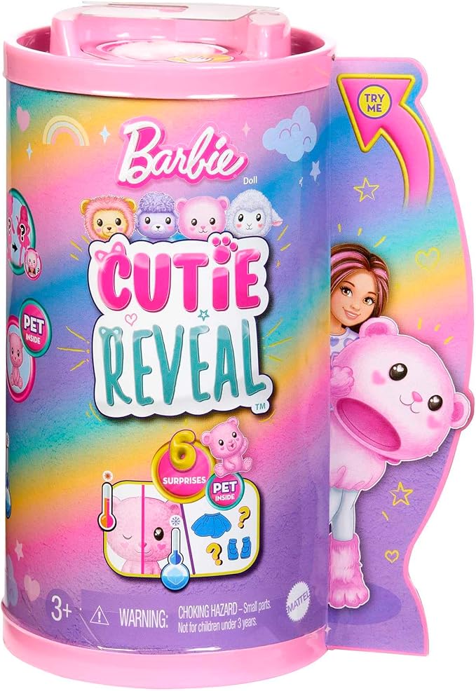 Barbie Chelsea Cutie Reveal Small Doll & Accessories, Brunette with Teddy Bear Costume, 6 Surprises (Styles May Vary)