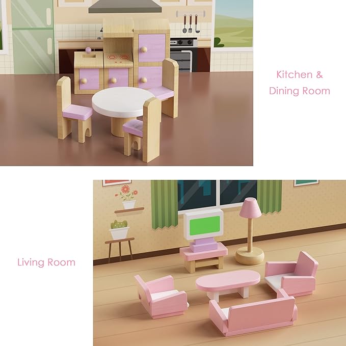 WOODMAM Wooden Dollhouse Furniture Set, 22 PCS Doll House Accessories Including 5 Room Kits, Little People House Furniture Toy Gift for Girls Boys Age 3+, Miniature Dollhouse Furnishing
