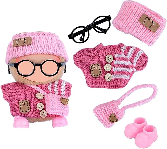 Ezcora Knitting Outfit Set for 17cm Dolls, 4 Cozy Sweaters with Hats, Shoes, Glasses Bags, 6.7-Inch Doll Accessories, Gift Idea, (No Dolls)