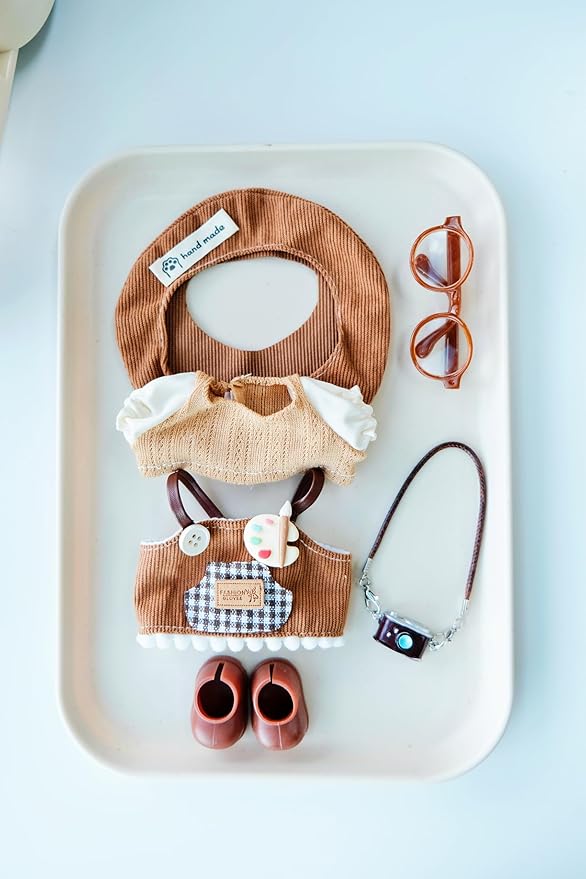 Clothes for 17cm Doll, 6 pcs Set Doll's Outfits Luxury Dress Shirt Pants Glasses Hat Headset Shoes Camera Accessories Fashion Stylish Adorable Dolls Clothes (No Doll) (Painter Brown)