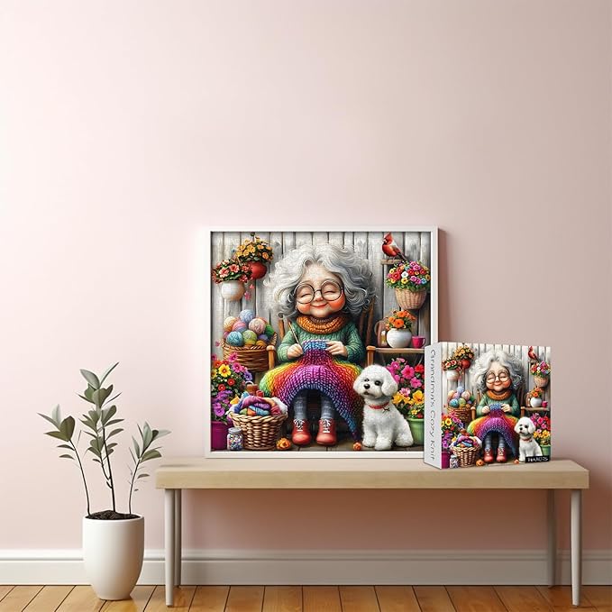 Old Woman Puzzles for Adults 1000 Piece, Larkipuzz Challenging Grandma’s Cozy Knit Puzzle Dog Cardinal, Hard Impossible Floral Plant Art Theme as Wall Decor