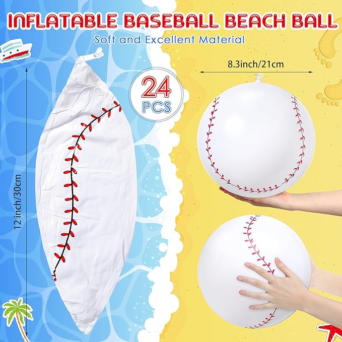 24 Pack Inflatable Baseball Beach Ball Pre-12 Inch Small Blow up Beach Balls Baseball Bulk Inflatable Balls for Summer Swimming Pool Ball Beaches Game Toys Outdoor Sports Events Baseballs Party Favors