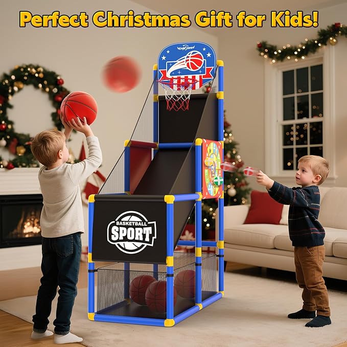 EagleStone 2-in-1 Kids Arcade Basketball Hoop with Dart Board,4 Balls Adjustable Height Basketball Toy Indoor Outdoor Carnival Games Gift for Boys Girls Toddlers Ages 3-6 Years Old,Pump Included