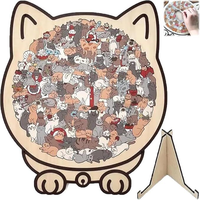 Cat Shaped Wooden Jigsaw Puzzle 135-Piece, Morandi Colors Animal Cats Decorative with Cats Outlines Framed and Acrylic Cover, Home Design Decor