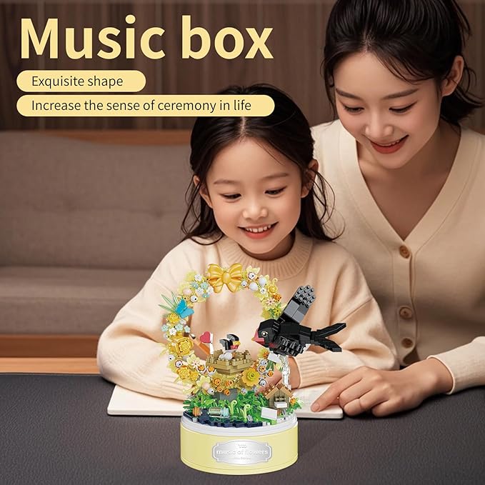DIY Garden Toy Kit for Kids, Bird-Shaped Flower Building Set, Educational STEM Gift for Girls Boys Age 8+, Rotating Music Box Craft, Birthday Present Home Decor (Yellow