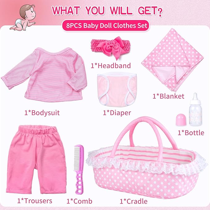 Pedolltree 8 Pcs Reborn Baby Dolls Clothes Girl Pink Striped Outfit Accessories with Pink Lace-Trimmed Bassinet for 17-20 Inch Reborn Dolls Newborn Baby Girl