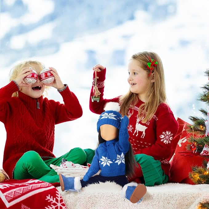 Bencailor 6 Pcs 18 Inch Christmas Doll Clothes and Accessories Winter Outfits Set Sweaters Trousers Hats Shoes Gloves for 18 Inch Doll Gifts(Blue)