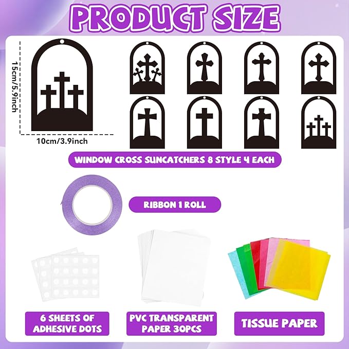 QOUBAI 32 Sets Cross Suncatchers Craft Kit DIY Religious Window Stained Glass Effect Christian VBS Paper Hanging Ornament Kid Easter Sunday School Birthday Gift Creative Art Project Activity Game