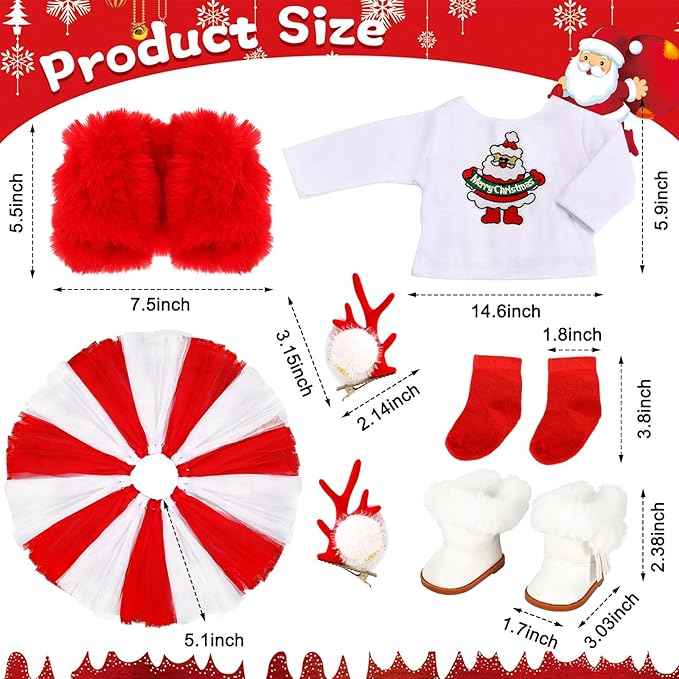 UPINS Christmas 18 Inches Doll Clothes and Accessories Winter Doll Outfits Set Christmas Deer Costume Includes Tutu Dress T-Shirt Shoes Hairpin Socks for 18 Inch Doll Girls Gifts