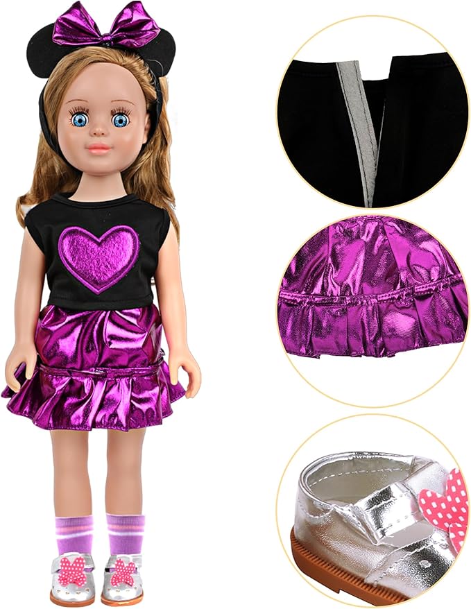 MSYO 18 Inch Doll Clothes & Accessories Set,Black Purple Heart Top & Metallic Purple Skirt Outfit with Mouse Ears Headband,Sunglasses,Socks,Shoes,Bracelet,Fits 16-18 Inch Baby Dolls(Purple)