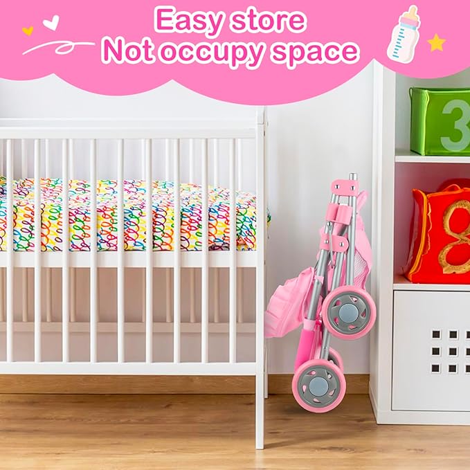 GAGAKU Baby Doll Stroller for Toddlers, Foldable Toy Stroller with Storage Basket and Bag, Diapers - Reborn Doll Accessories for Girls & Kids Ages 3+, Pink