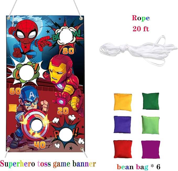Superhero Themed Toss Games Banner with 6 Bean Bags-Fun Superhero Indoor Outdoor Throwing Game Party Supplies for Kids in Family Games, Superhero Themed Party, Carnival Games (Red)