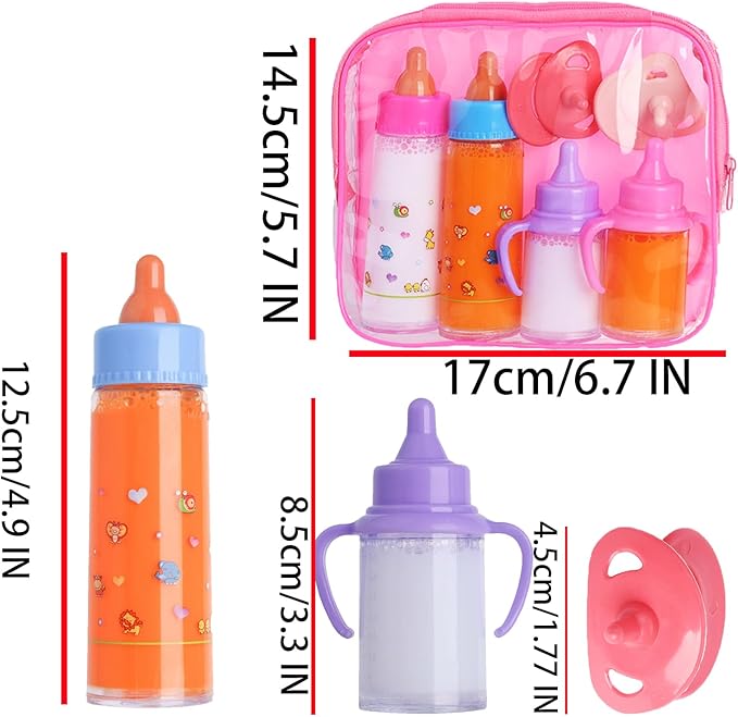 Baby Doll Bottles Accessories Set for Toddlers, 2 Milk and 2 Juice Bottles and 2 Toy Pacifier (Pink)