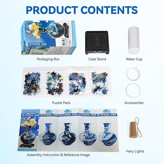 3D Puzzles Vase for Adults, Crafts for Adults, 164 Pieces Plastic DIY Unique Flower Vase with LED Light House Warming Gift Birthday Gifts for Flower Arrangements and Home Decor