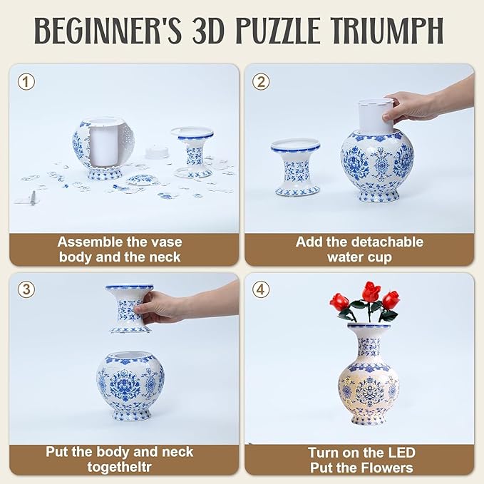 3D Puzzle Vase for Adults with LED Light, 200 Curved Pieces DIY Flower Vase Craft Kit, Creative Jigsaw Art Project Home Décor Centerpiece (C-Blue & White Grand)