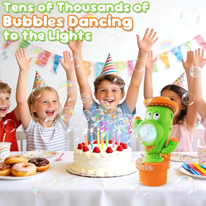 Cactus Bubble Machine, Automatic Bubble Blower with Music & Wiggle Action, Portable Handheld Bubble Maker with Lights, Birthday Gifts for Toddlers, Party Favors Toys, Easter Basket Stuffers for Kids