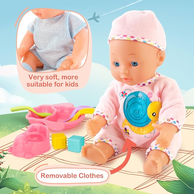 deAO Baby Doll Stroller Set with 13 inch Doll,Kids Play Stroller Toys,13" Baby Doll Set with Foldable Doll Stroller,18 PCS Baby Doll Accessories with 2 Sets Doll Clothes
